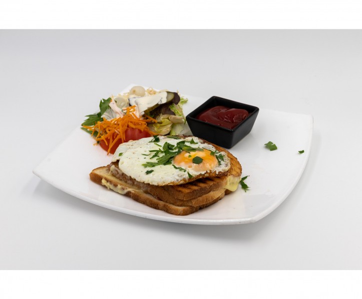 <h6 class='prettyPhoto-title'>The "Croque Madame" Cheese, ham, egg and raw vegetables</h6>