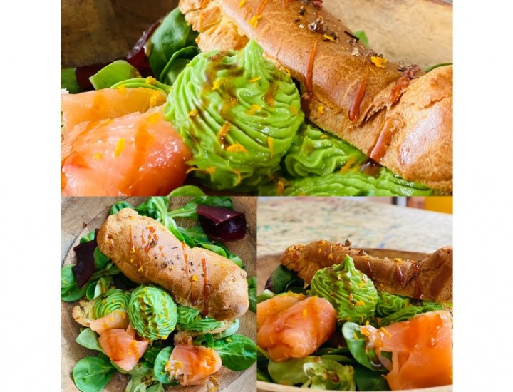 <h6 class='prettyPhoto-title'>Curry and mad salt eclair, guacamole, smoked salmon and mache</h6>