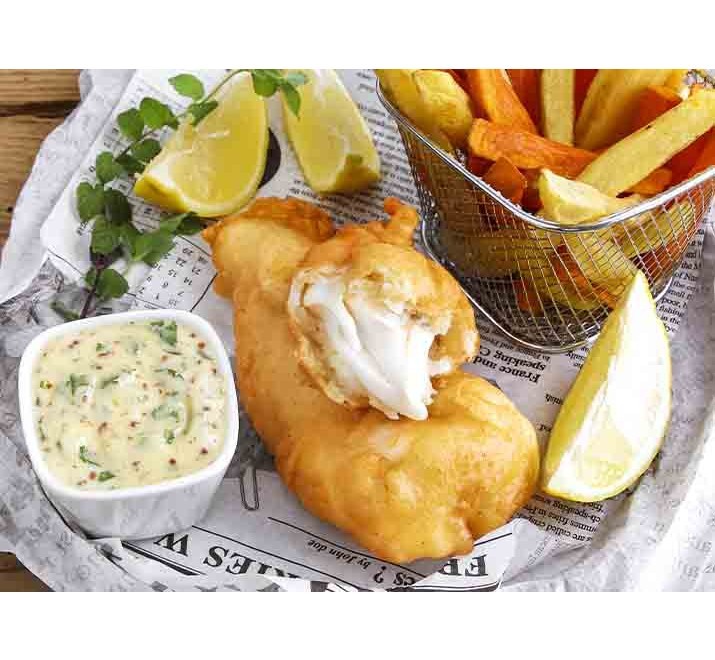 <h6 class='prettyPhoto-title'>Cod fish and chips, tartar sauce</h6>