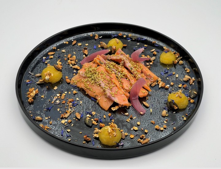 <h6 class='prettyPhoto-title'>French salmon trout gravlax, passion berry gel and dried blue flowers.</h6>