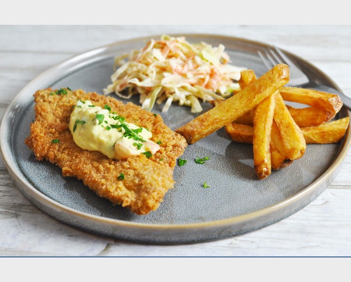 <h6 class='prettyPhoto-title'>Pancake Batter Chicken with Lemon Maple Dressing, Coleslaw and French Fries</h6>
