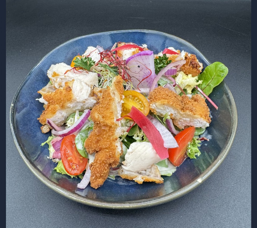 <h3 class='prettyPhoto-title'>Chicken Salad</h3><br/>Salad, tomatoes, red onions, chicken fritters